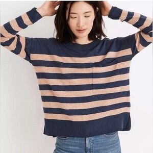 Madewell Navy/Light Pink Striped Crew Neck Single Pocket Cotton Blend Sweater